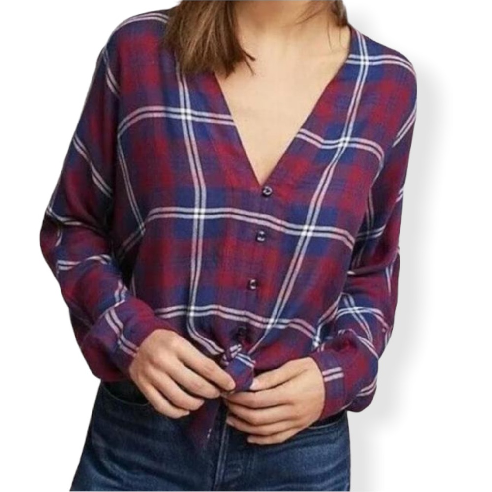 Rails Red Blue Sloane Crop Tie Front Flannel Button-down Top